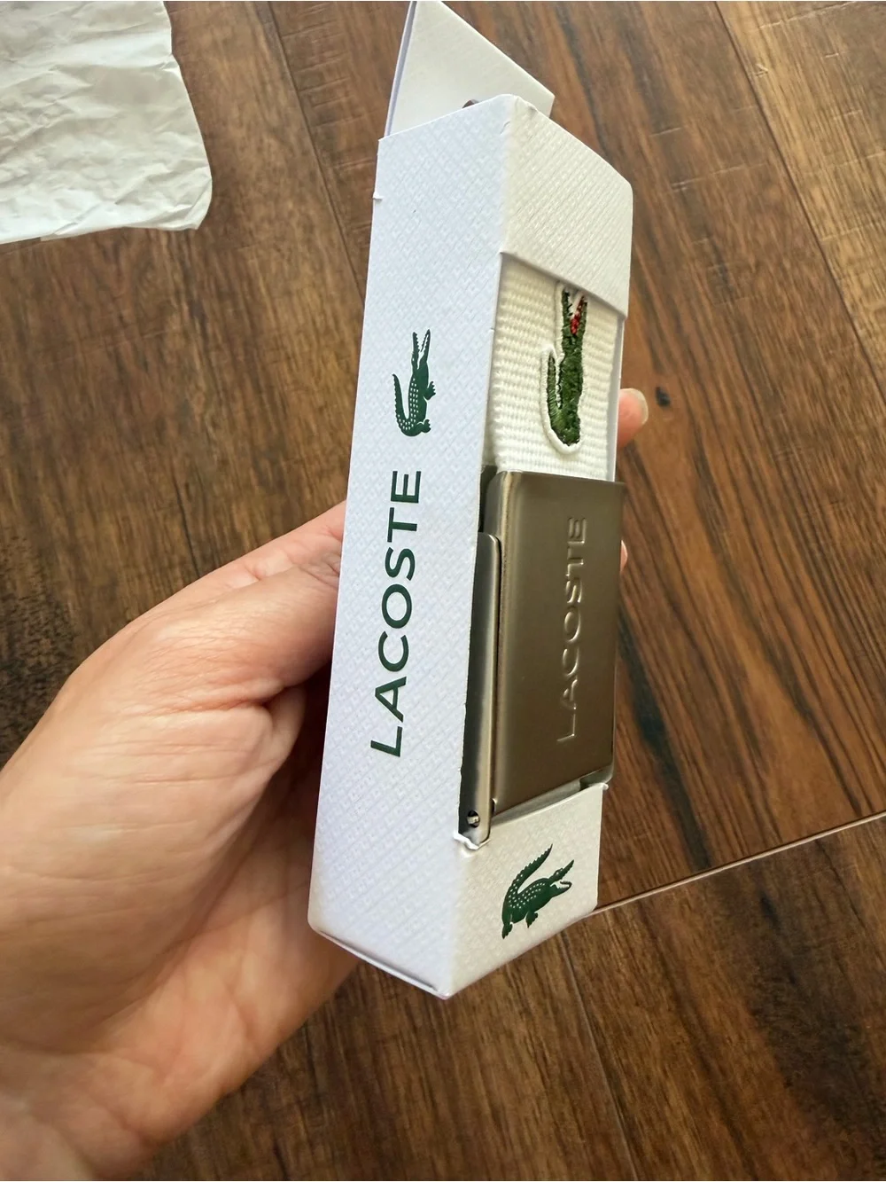 Lacoste white belt with green crocodile logo